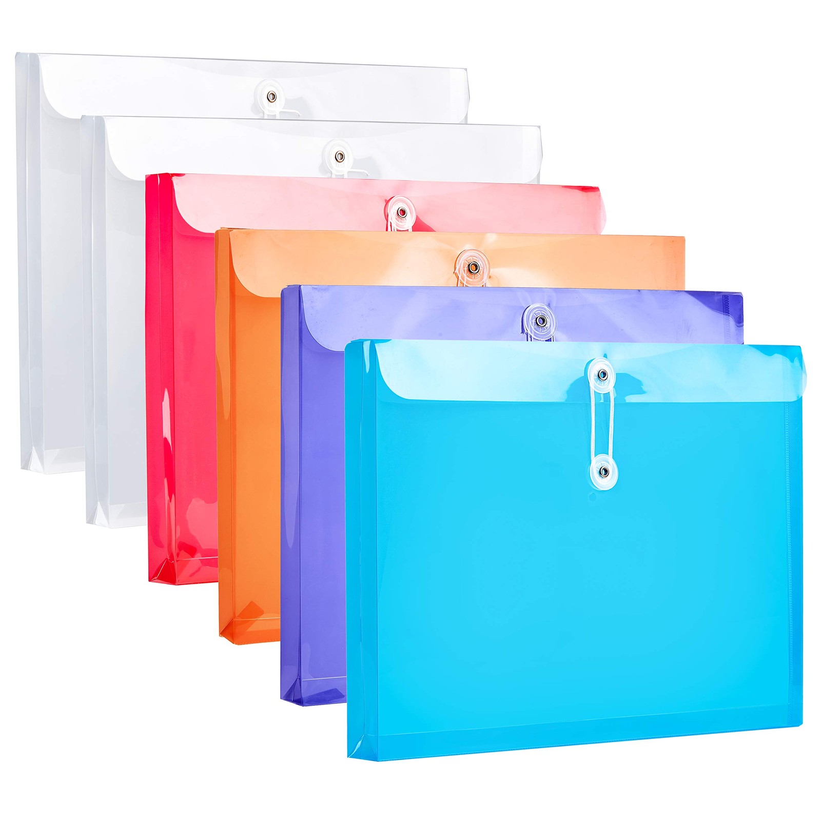FANWU Plastic Letter Size Envelopes with Button & Assorted Colors – 6 Pack
