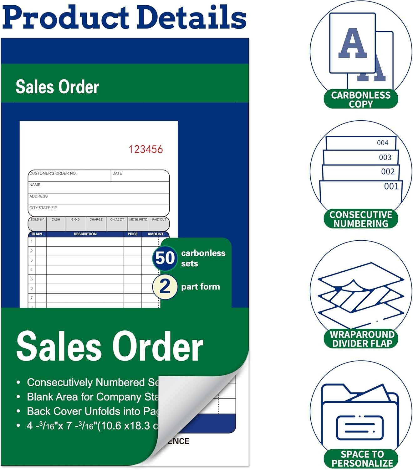 2-Pack Carbonless Sales Order Books – 4-3/16 x 7-3/16 Inches, Durable & Portable