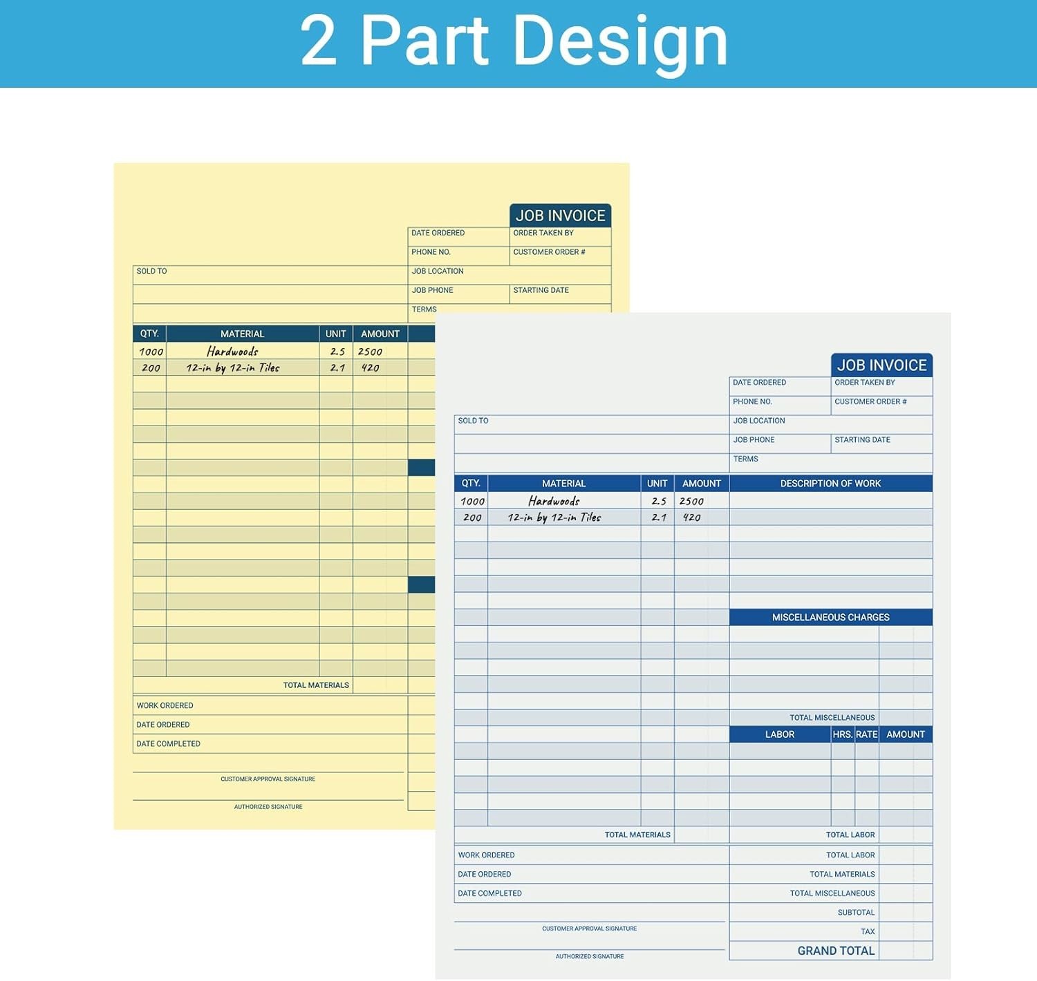50 Sets Job Invoice Forms, 2 Part Carbonless, 8.5X11 Inch Work Order Forms for S