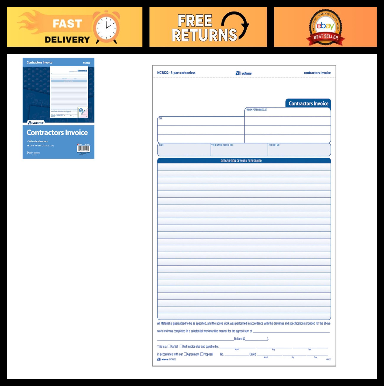 3-Part Carbonless Contractor Invoice Forms, 100-Pack, 8.5×11 Inch, White/Canary/