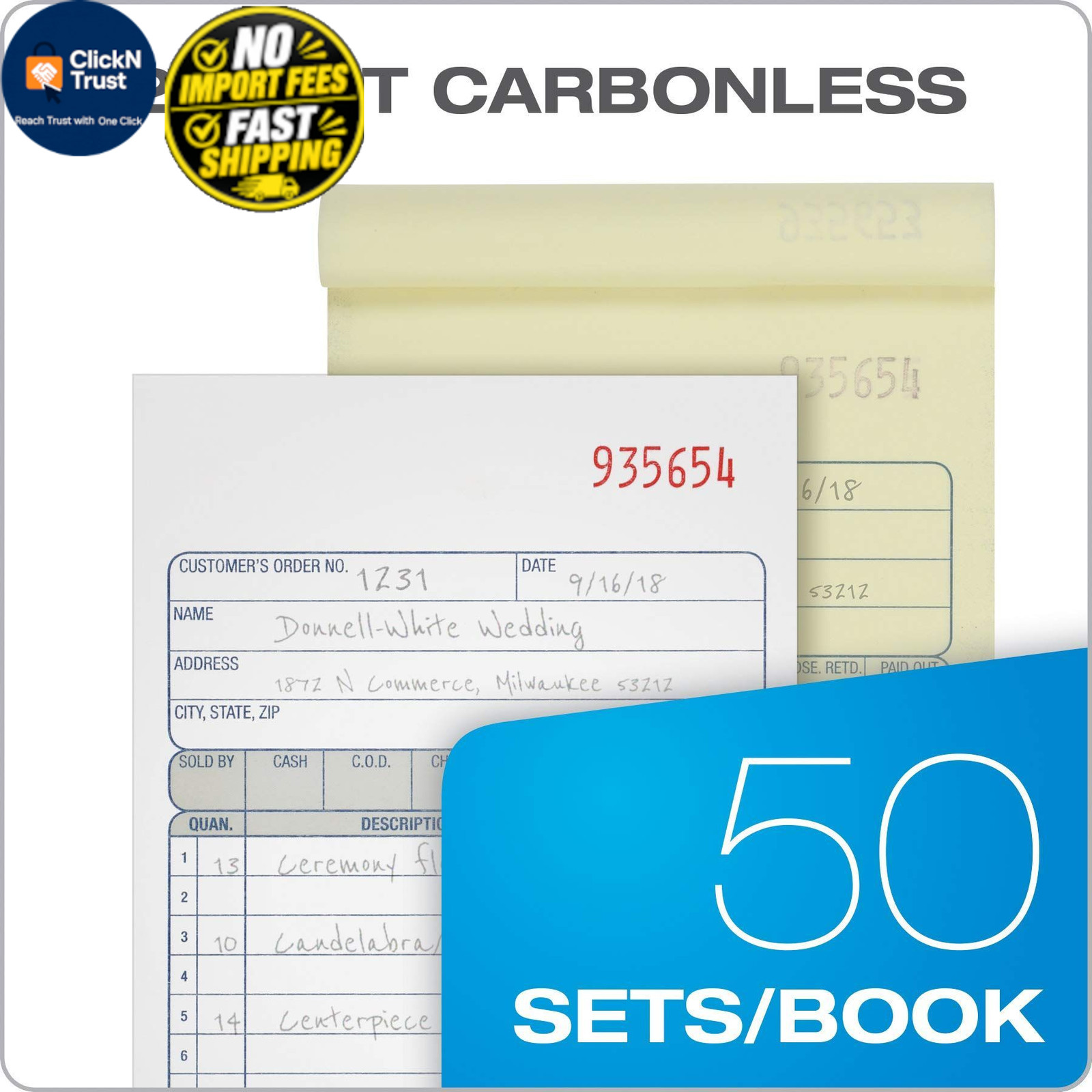 Adams Sales Order Book, 2-Part, 50 Count (Pack of 1), White/Canary