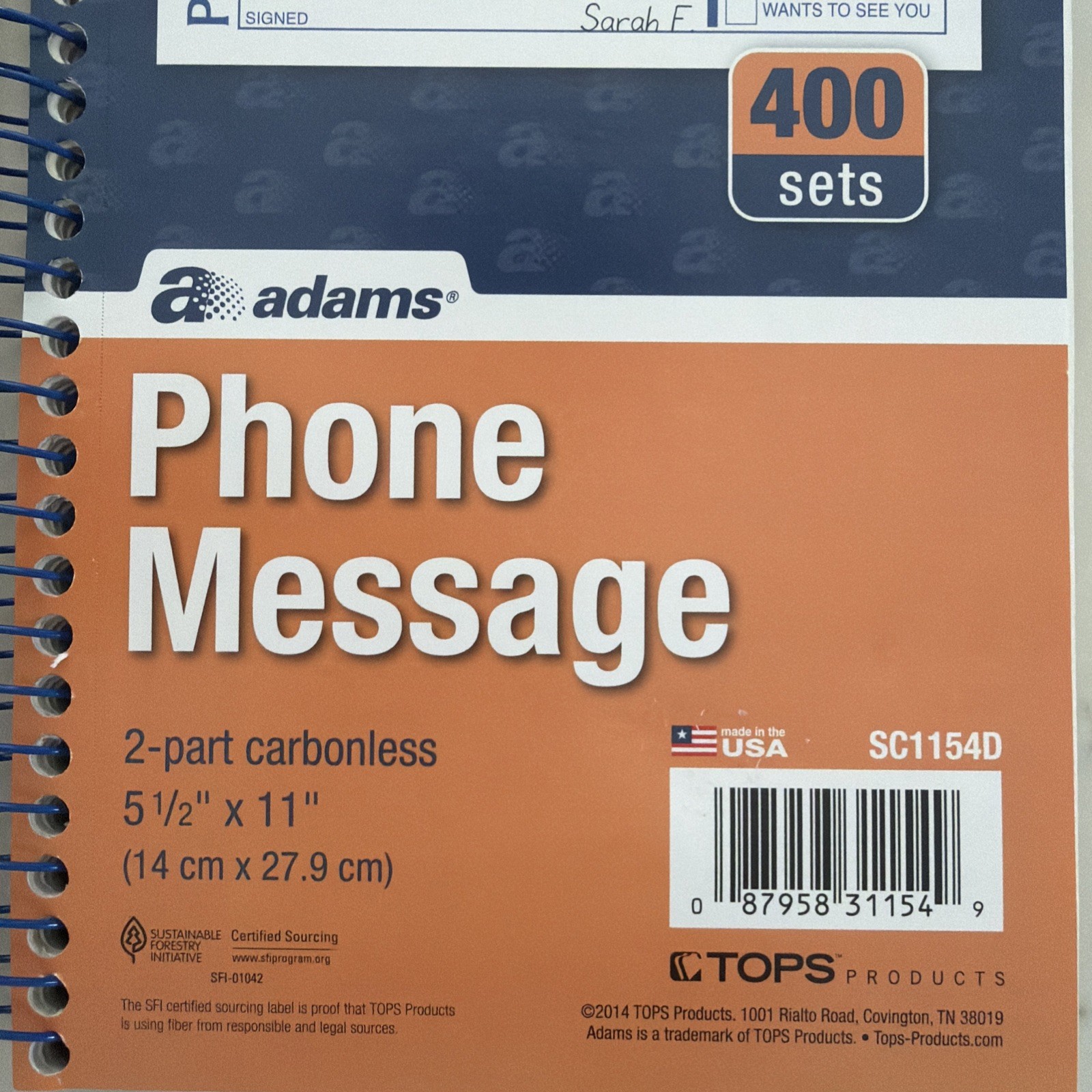 Adams Phone Message Book 2 Part Carbonless 2 Spiral Books 800 Sheets SC1154D