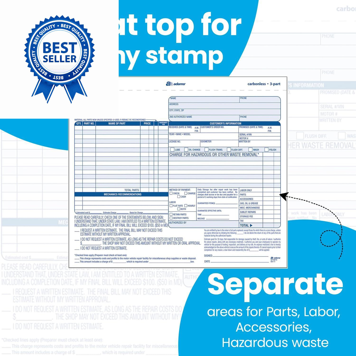 Adams Auto Repair Order Forms, 8.5 x 7.44 Inch, 3-Part, 50-Pack, White/Canary