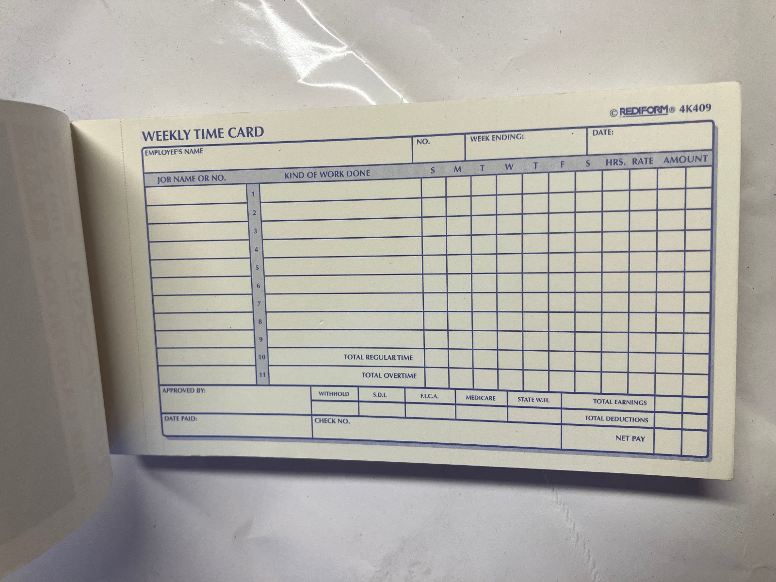 Rediform Weekly Timecard Pad 1-Part 100 Timecards 4-1/2″x7″ Office Employee