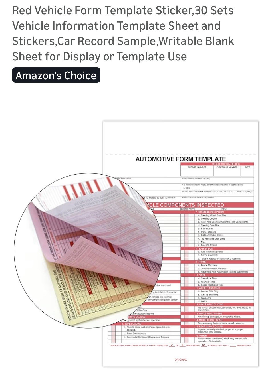 Annual Vehicle Inspection Report Form 3-Ply Carbonless and Label. 30 PACK