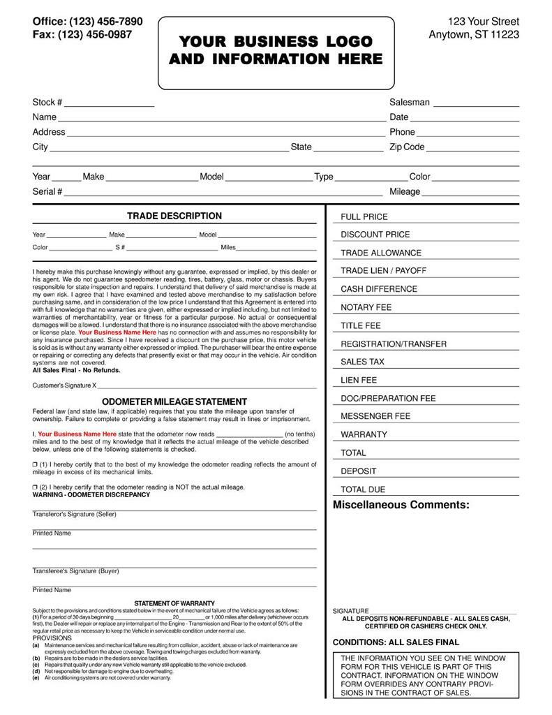 250 Custom Used Vehicle Automotive Bill Of Sale / 2 Part / 8.5 x 11 TMG010
