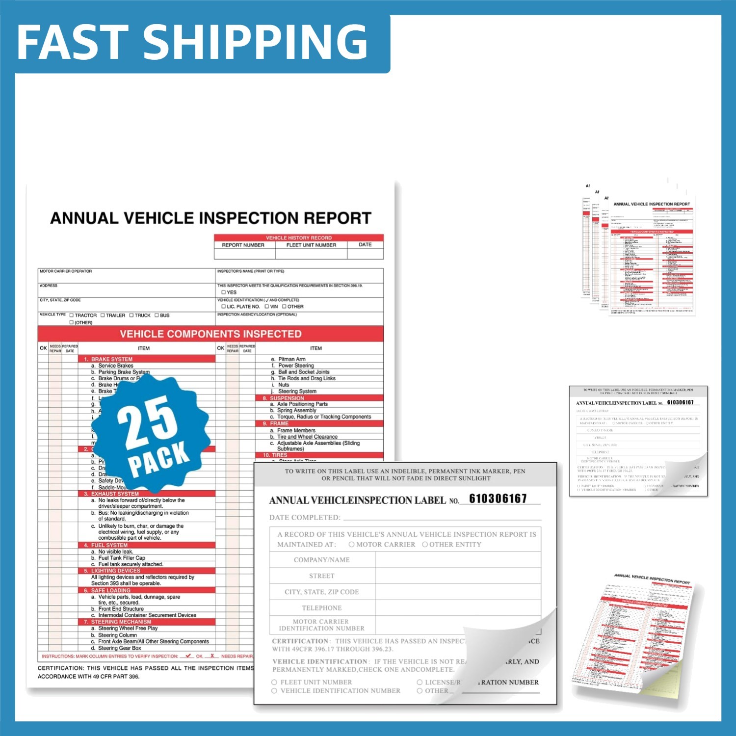 High-Quality Annual Vehicle Inspection Forms & Mylar Laminate Labels – 50 Total