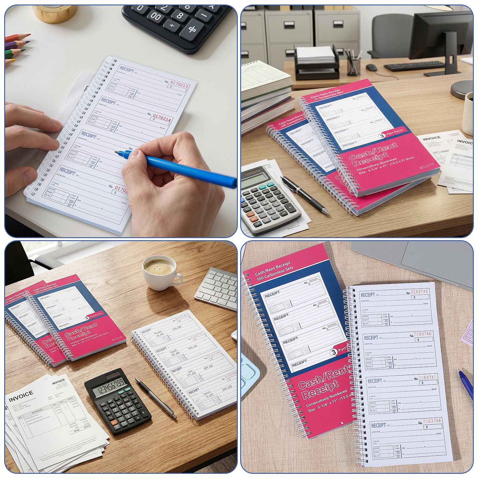 2 Pack Receipt Books with Carbon Copies, Rent Book, 3-Part Blue+red