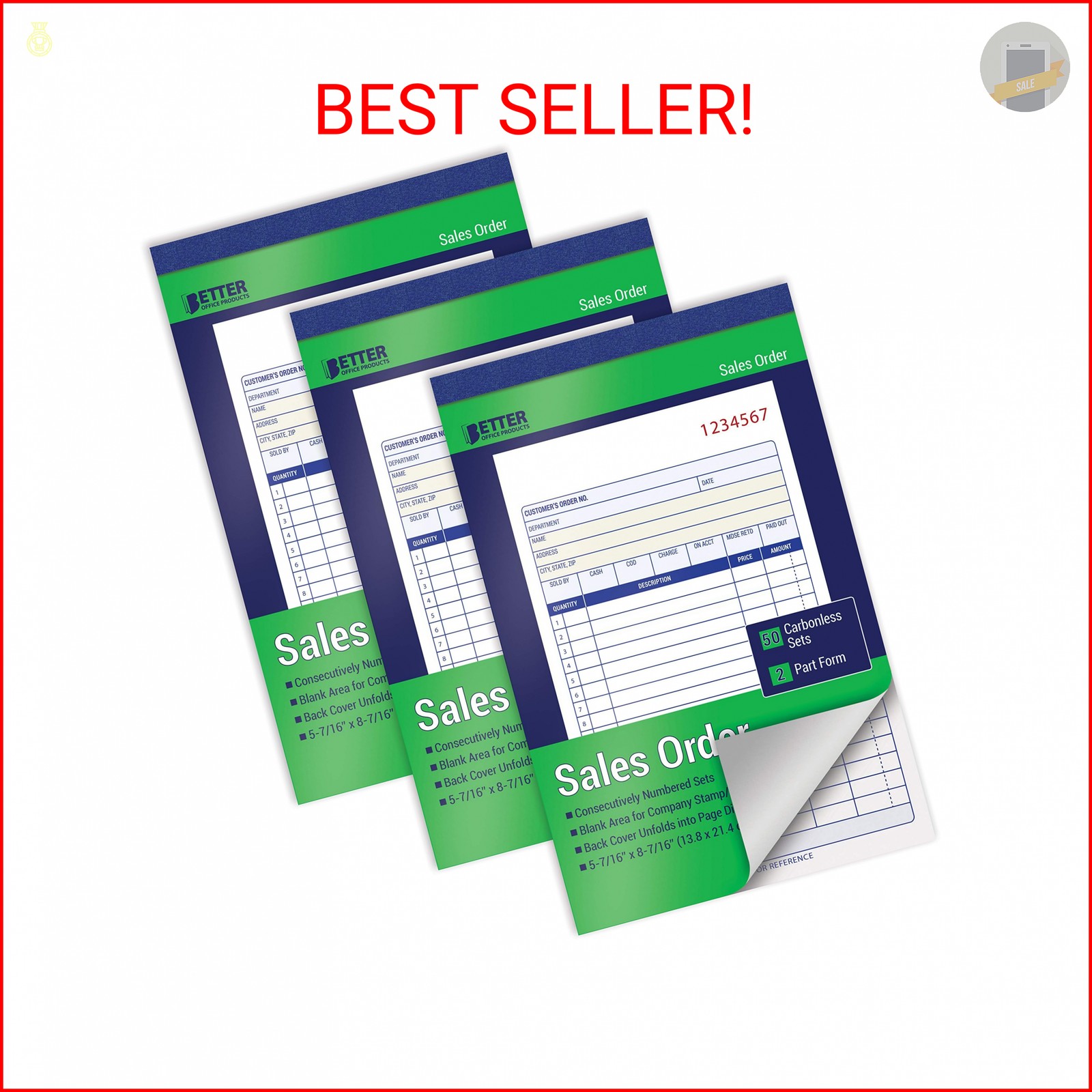 Better Office Products Large Sales Order Books, 3 Pack, 2-Part Carbonless (White
