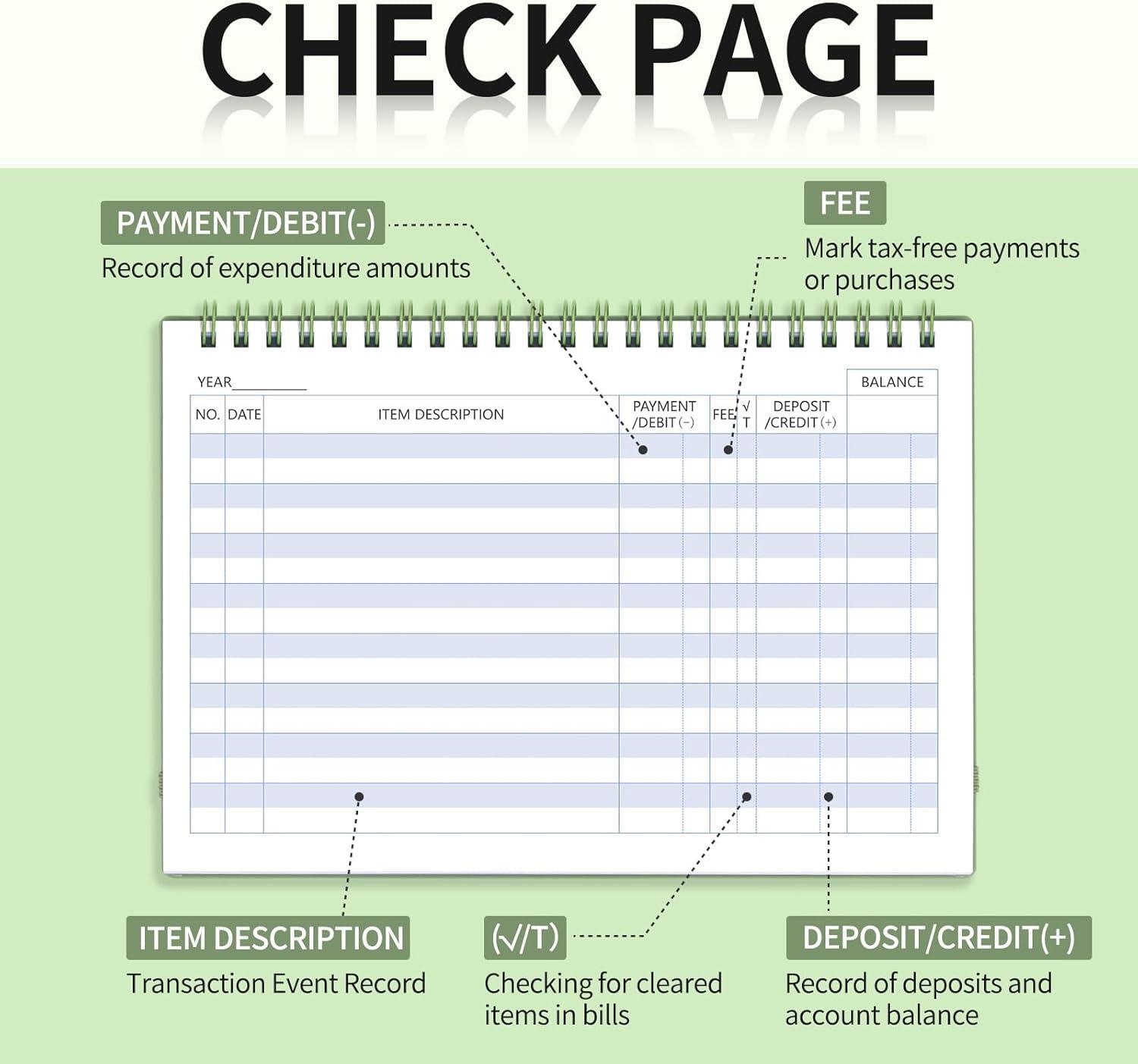 Wide Edition Checkbook Register 1664 Entries Spiral Bound Personal Ledger Green
