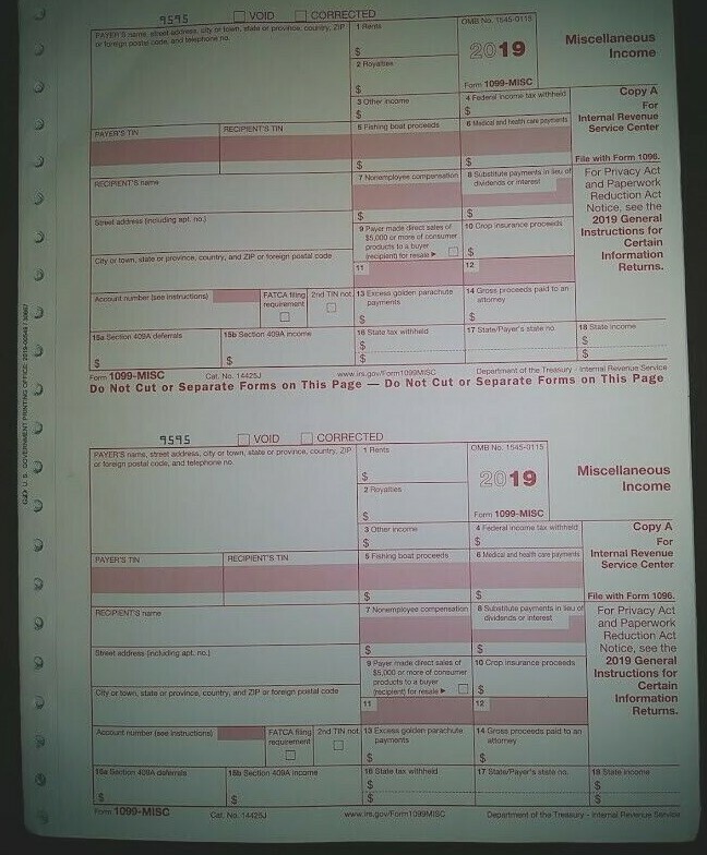2019: 5 SHEETS 1099-MISC IRS Miscellaneous Income Tax & 3=1096 Transmittal Forms