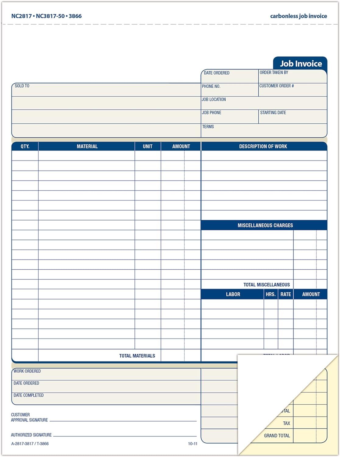 Formularios De Factura De Trabajo, Autocopiativos De 2 Partes, Para Servicio Y