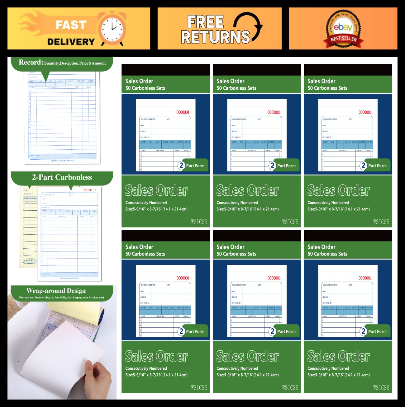 6 Pack Carbonless Receipt Book, 2-Part Order Book with Carbon Copies, 300 Sets