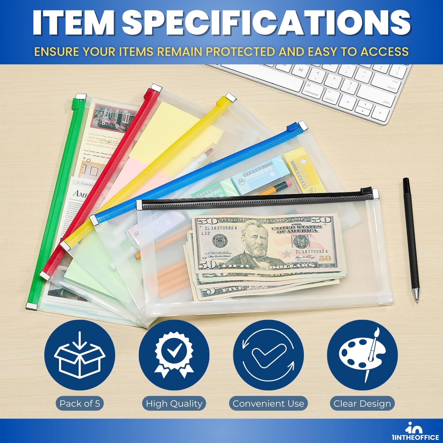 1InTheOffice Plastic Filing Envelopes with Zipper Closure, Moisture Clear