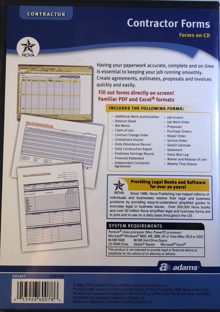 SHIP24H-Adams SS4301 Contractor Forms on CD Windows & Macintosh PDF & Excel-NEW