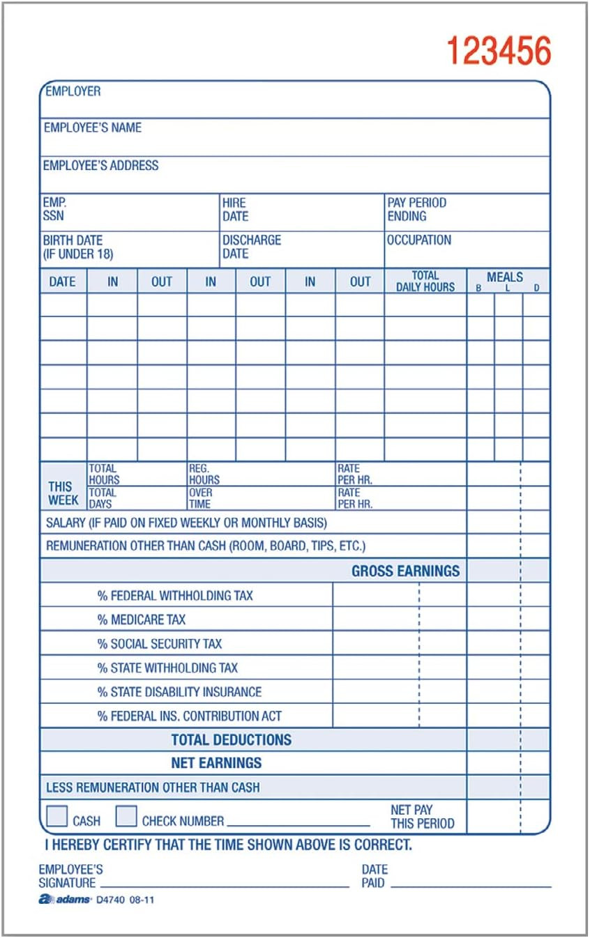 Employee Payroll Record Book, 2 Part, Carbonless, 4.19 X 7.19, 50 Sets per Book