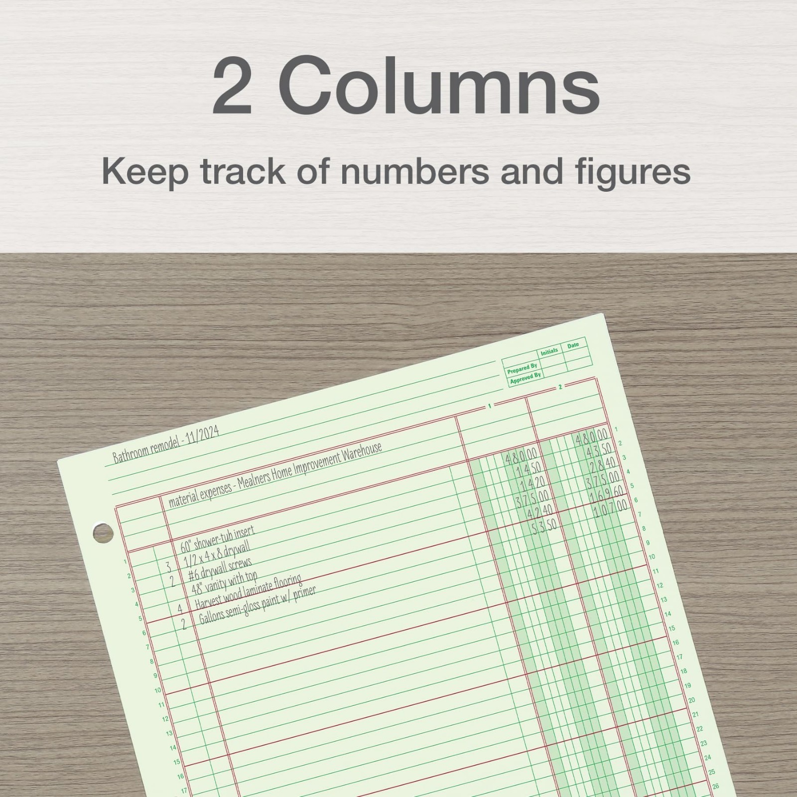 Columnar Analysis Pad 2 Column Ledger 8.5″x11″ 100 Pages Green 3 Hole Punch Acco