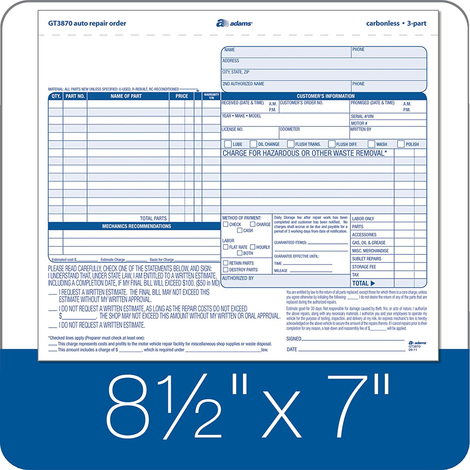 Adams Auto Repair Order Forms, 8.5 X 7.44, 3-Part, Carbonless, 50-Pack (GT3870)