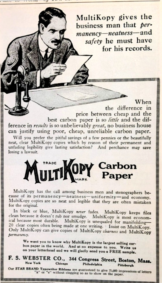 Vintage 1915 MultiKopy Carbon Paper Early Office Supply 20th Century Print Ad