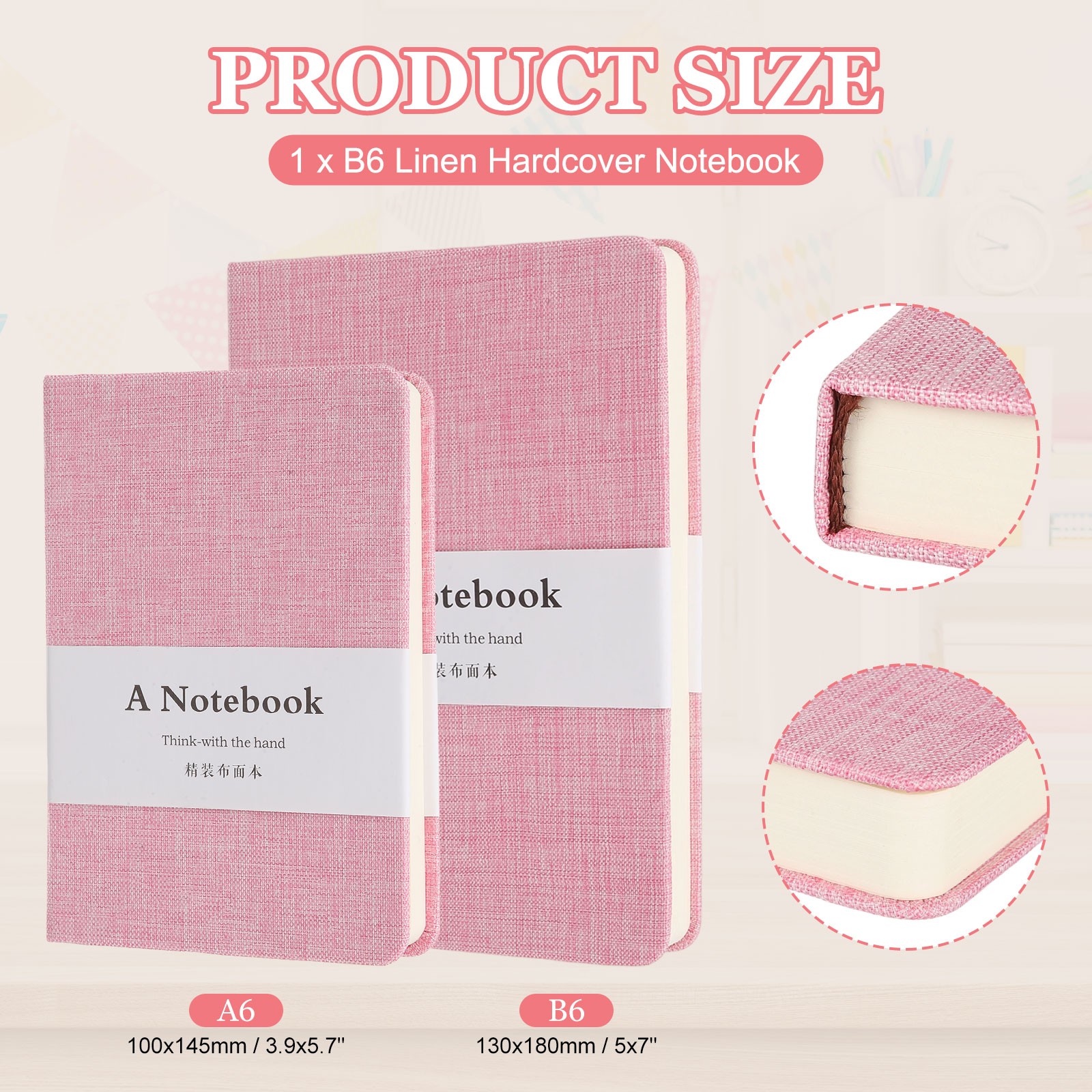 Linen Journal Notebook, 256 Pages 100 Gsm B6（5×7） Hardcover Journals (Pink)