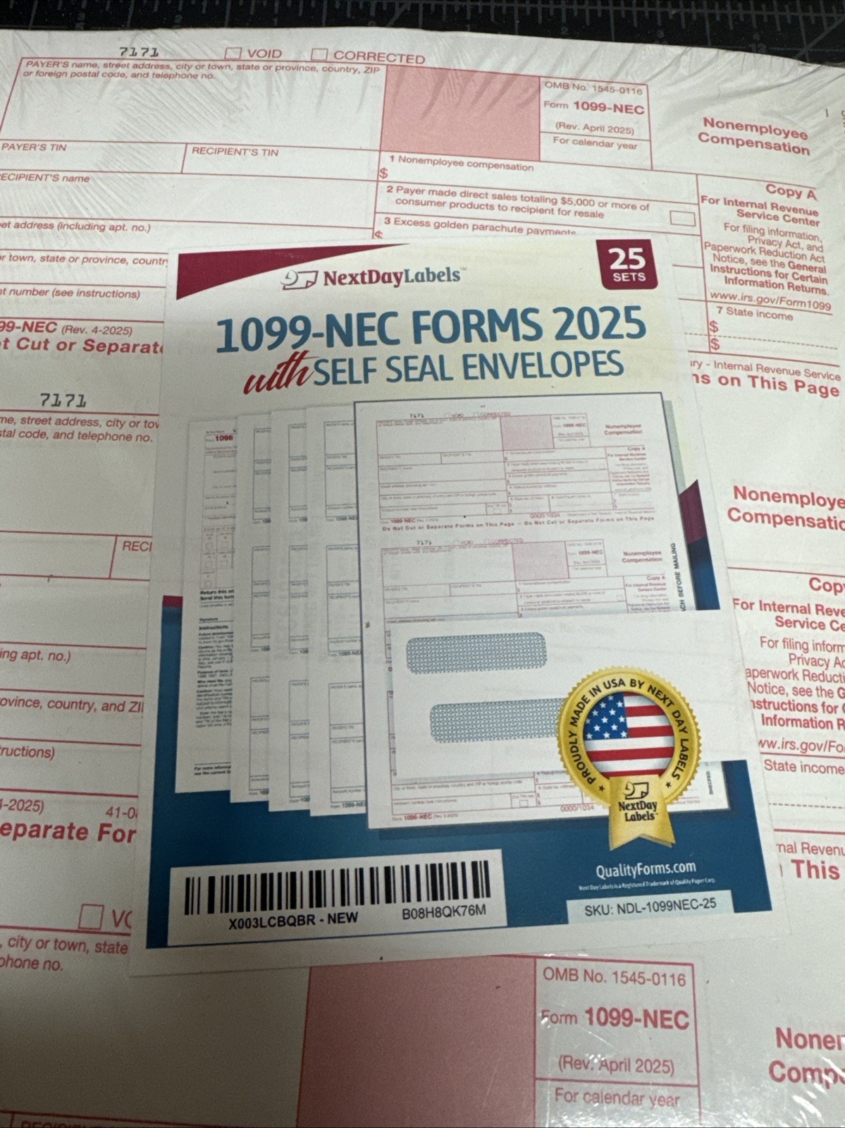 Next Day Labels 1099 NEC Forms 2025 With Self Seal Envelopes 25 Sets Unopened