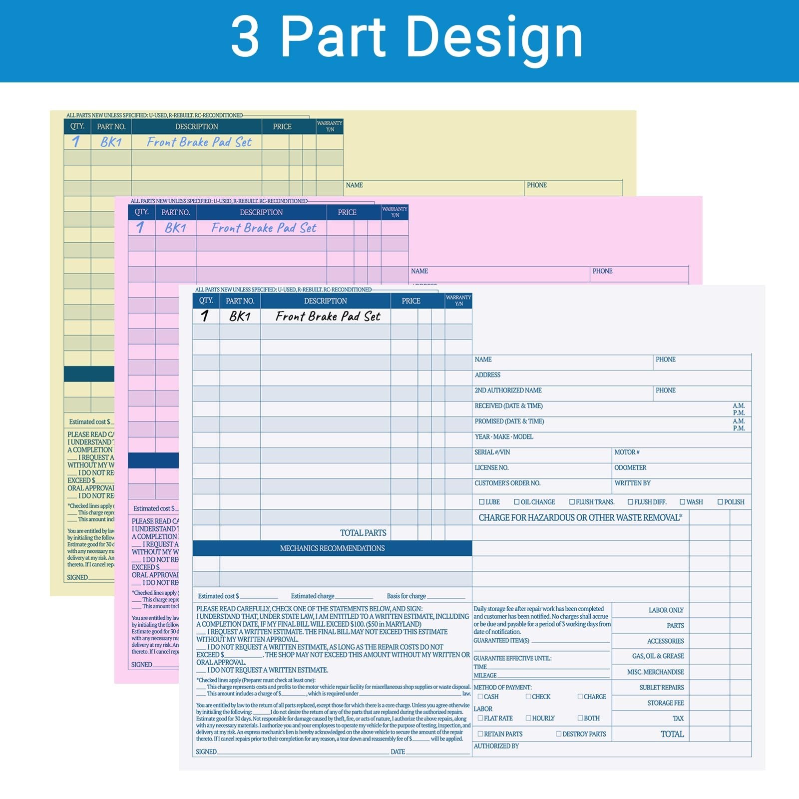 150 Sets Auto Repair Invoice Book 3-Part Carbonless Forms 8.5×7.44 Inch for Mech