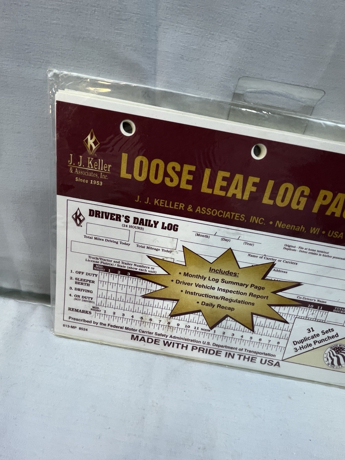 J.J. Keller Loose Leaf Driver Daily Log Pages 31 Duplicate Sets 3 Holes 613-MP