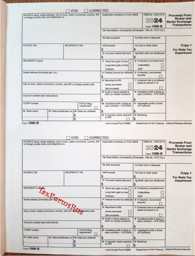 2024 IRS Tax Form 1099-B single sheet set for 2 recipients NONcarbonless 4pt 2up