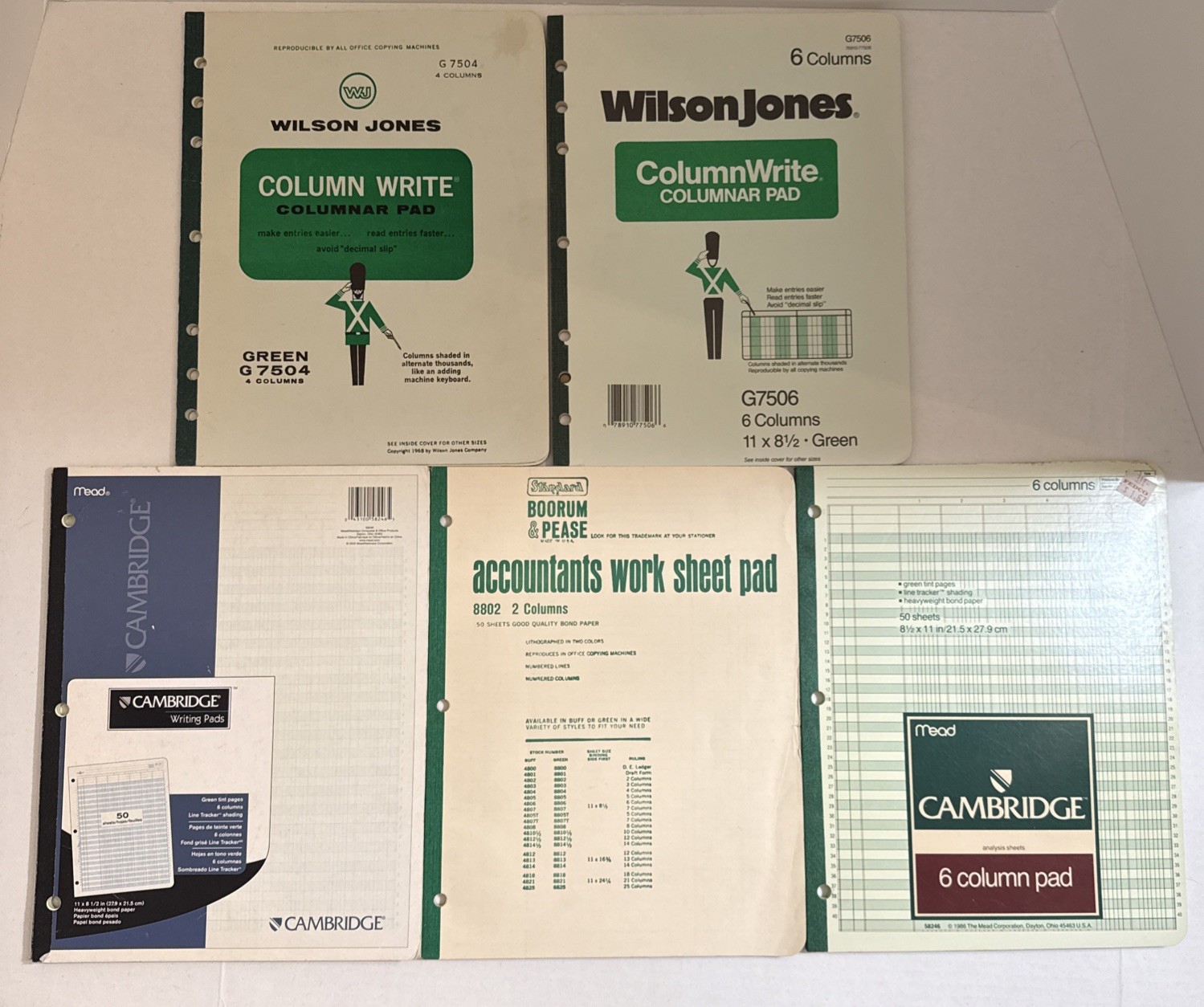Set Of 5 Vintage Columnar Paper Pads Wilson Jones Boorum & Pease Mead 1968 1986