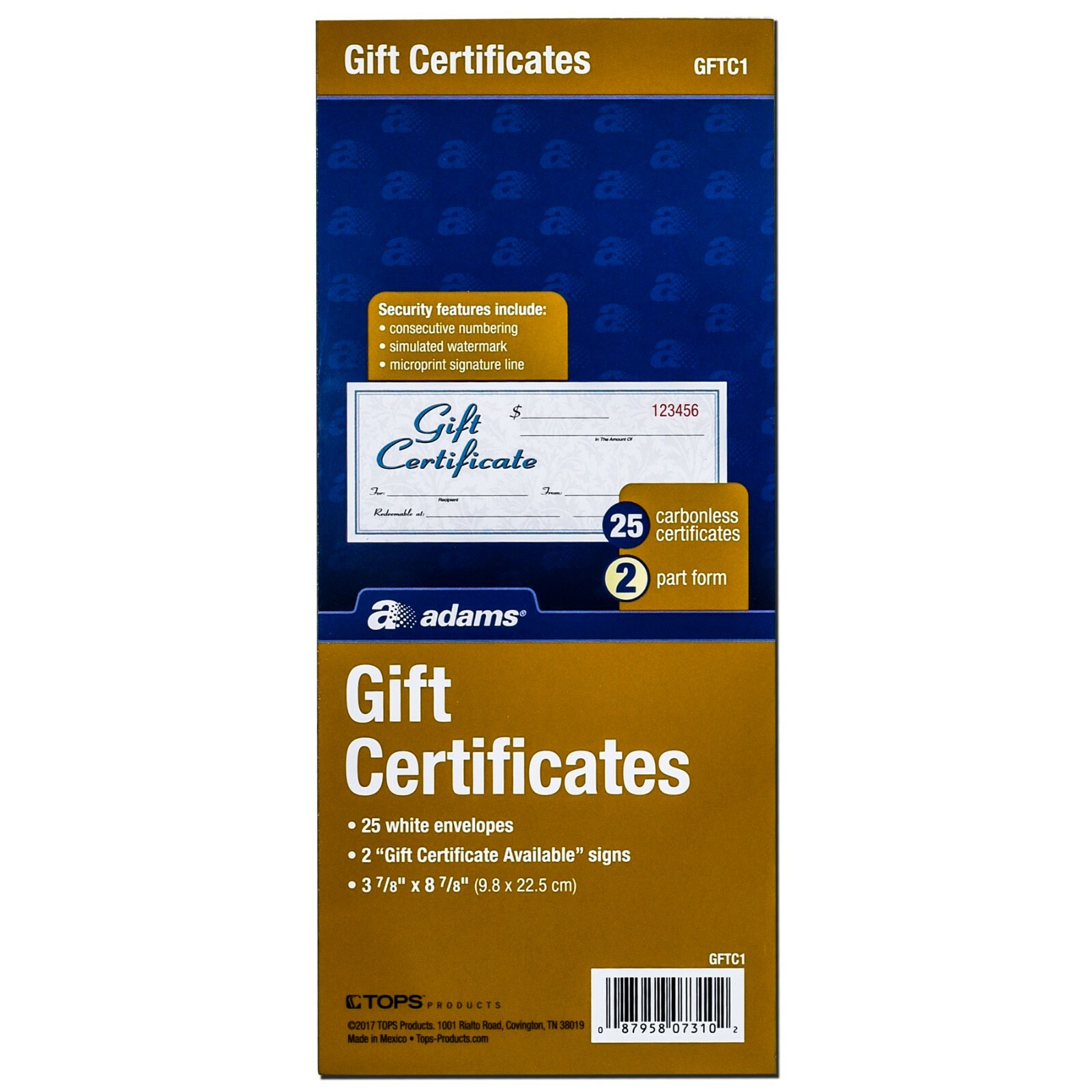 Adams GFTC1 Gift Certificates with Envelopes, 2-Part Carbonless, Pack of 25