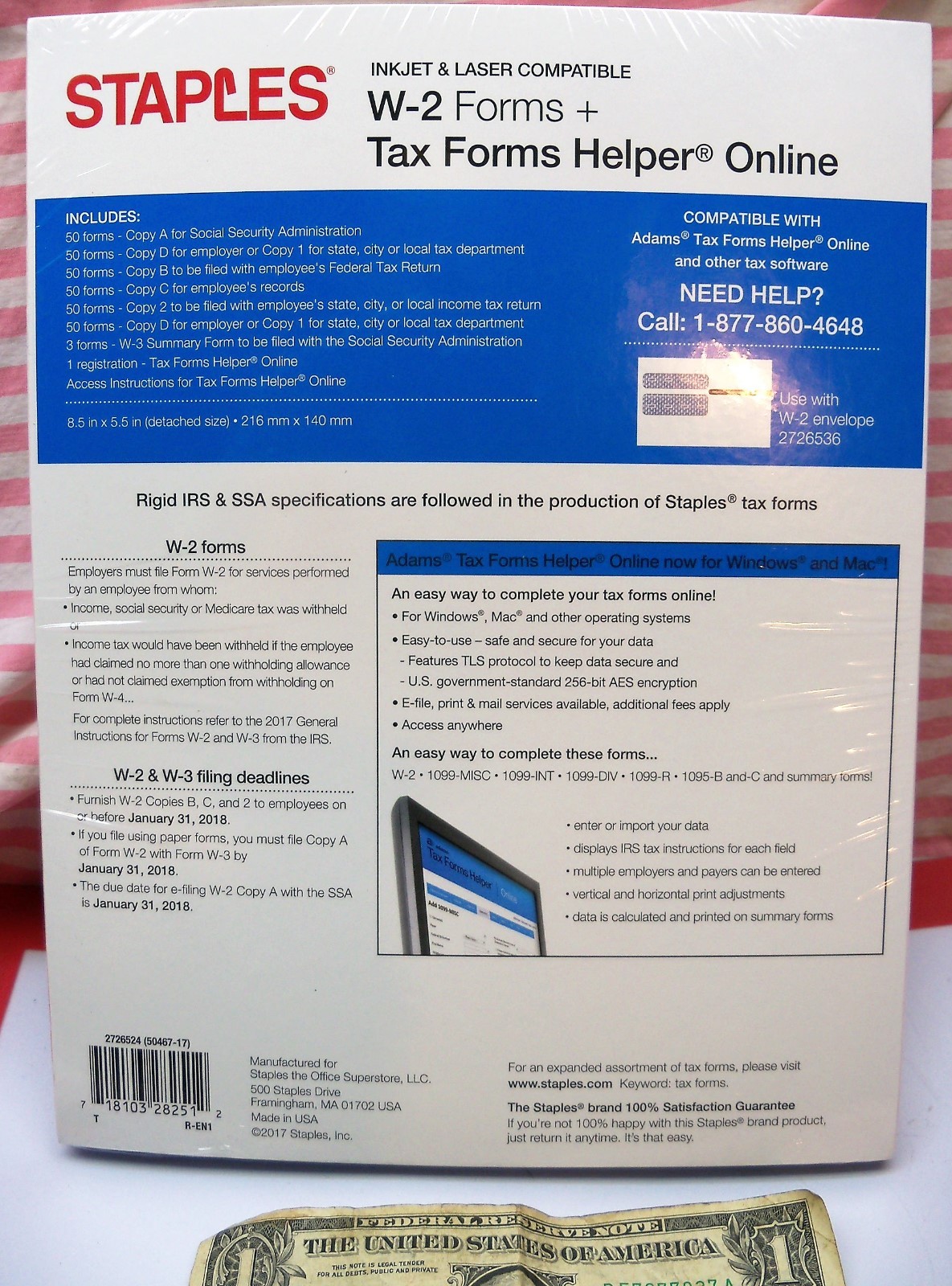 Staples 2017 Tax Forms Helper Online W-2 Forms Kit 50 6 Part Sets Filing USA W2