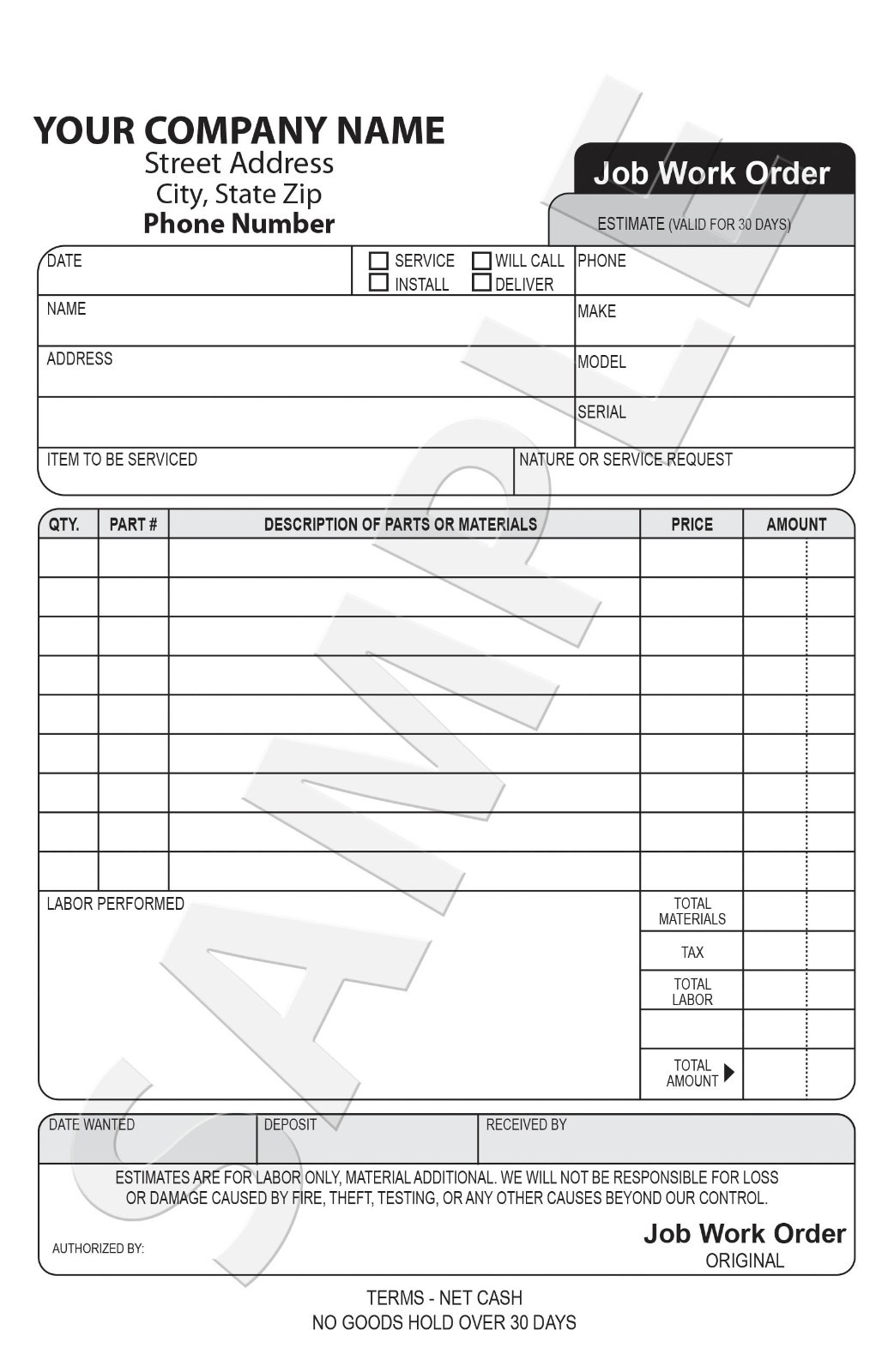250 Custom Carbonless Job Work Order Form / Invoice