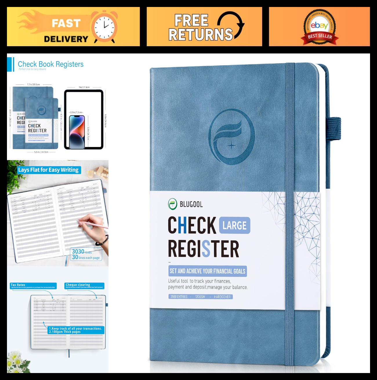Personal Checkbook Register & Transaction Log Book, 7.6″ x 10.1″, Blue
