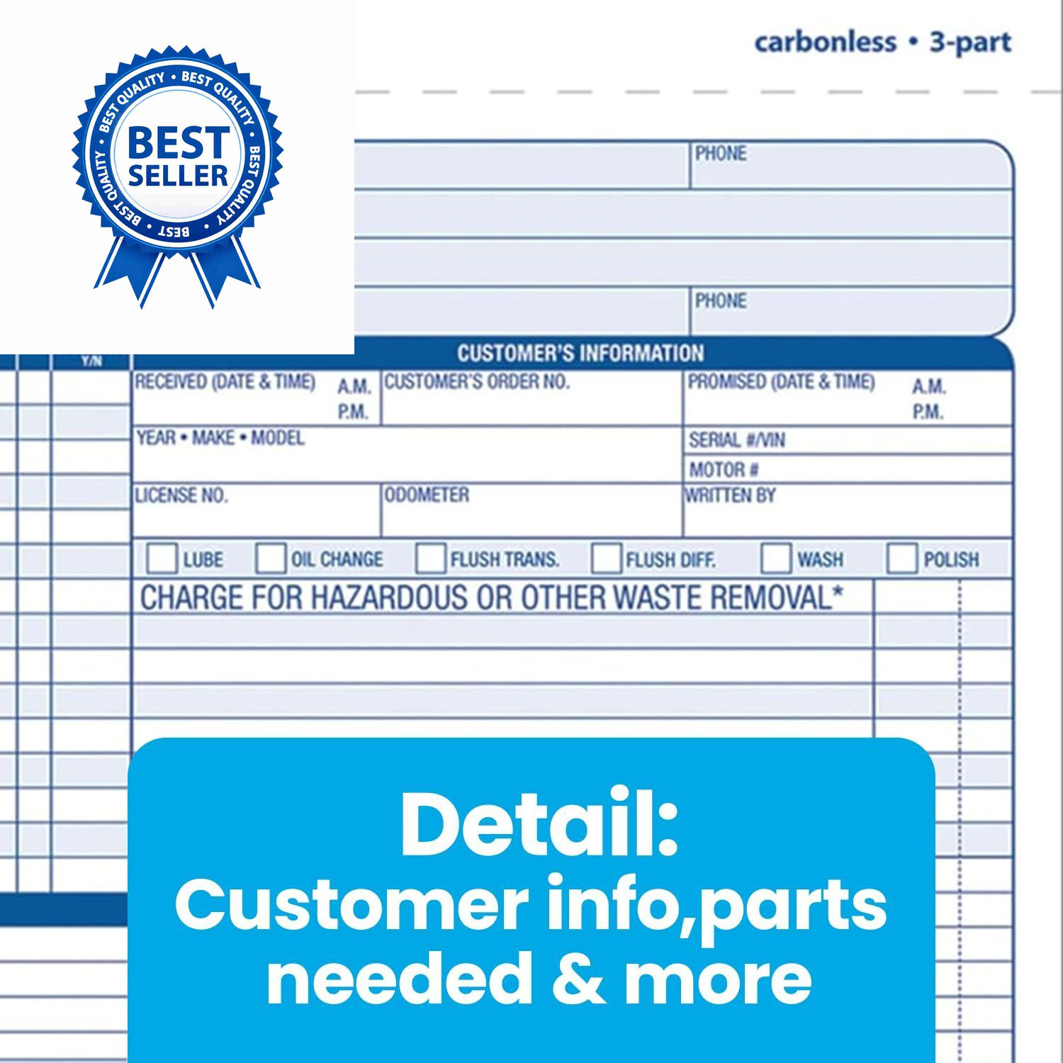 Adams Auto Repair Order Forms, 8.5 x 7.44 Inch, 3-Part, 50-Pack, White/Canary