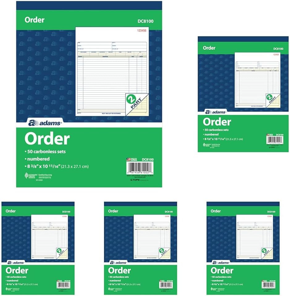 Adams Order Book, 2-Part, Carbonless, White/Canary, 8-3/8 X 10-11/16 Inches, 50