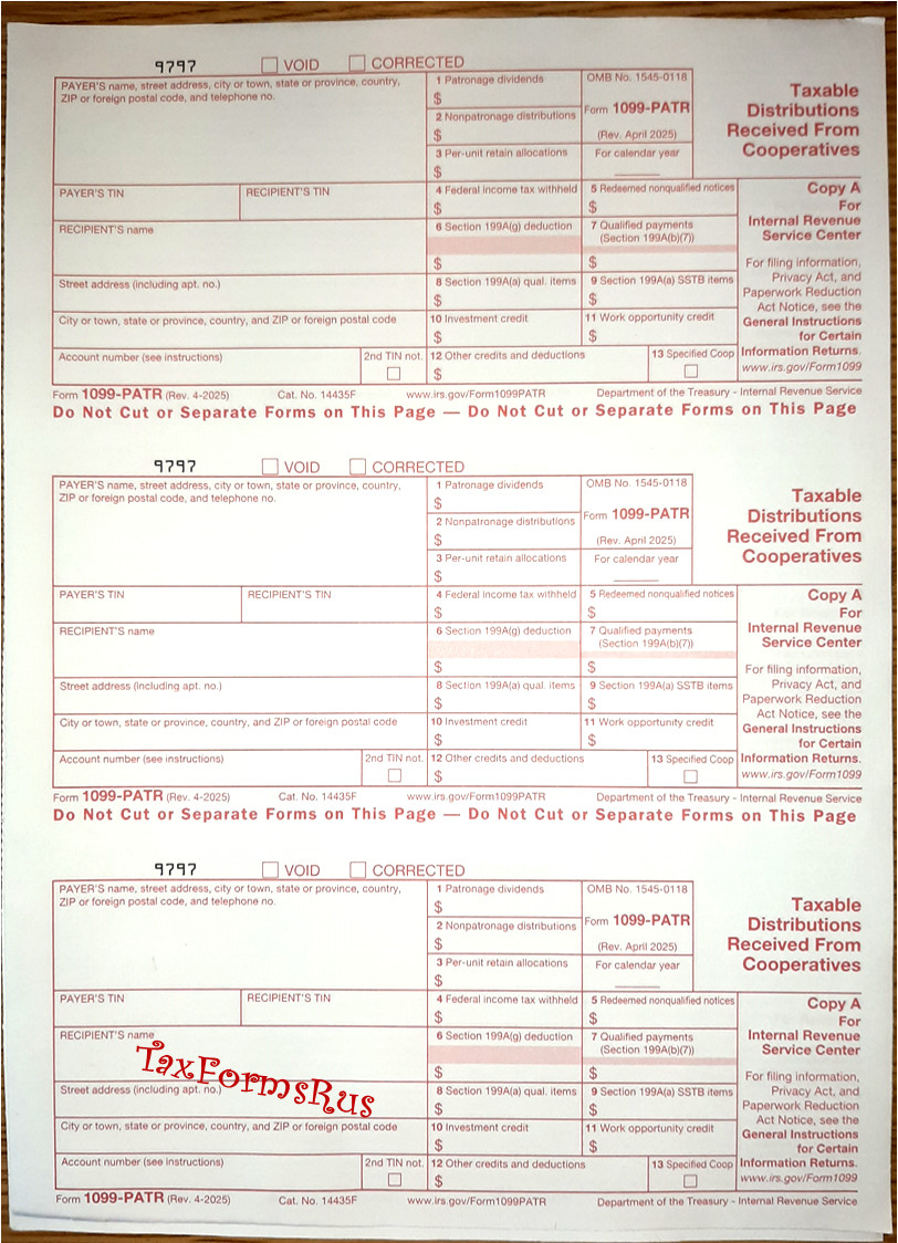 Official IRS Tax Form 1099-PATR single sheet set 3 recipients, NONCarbonless 2pt