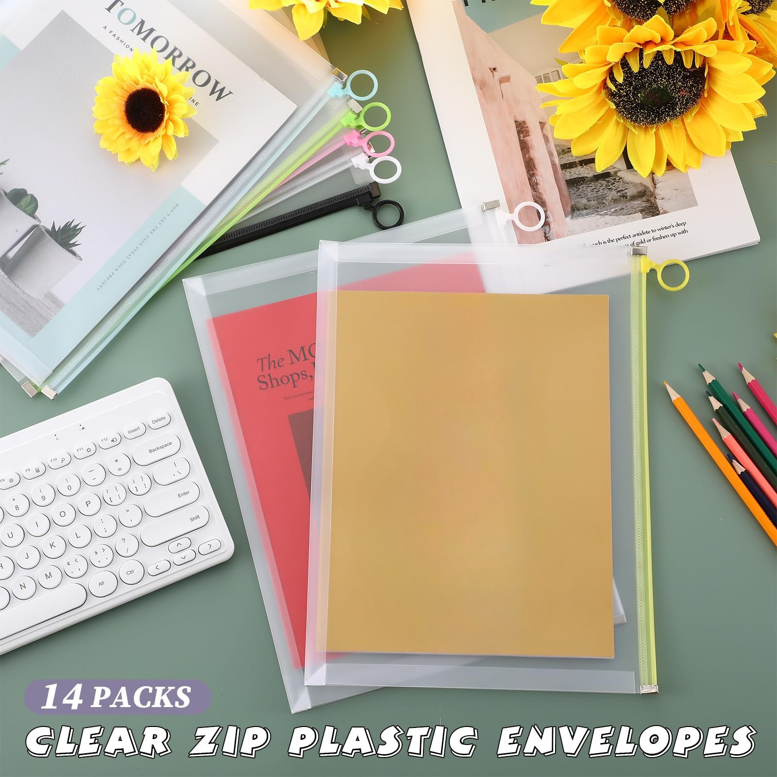 Yexiya 14 Pcs Back to School Clear Plastic Zip Envelope A4 Stylish Colors