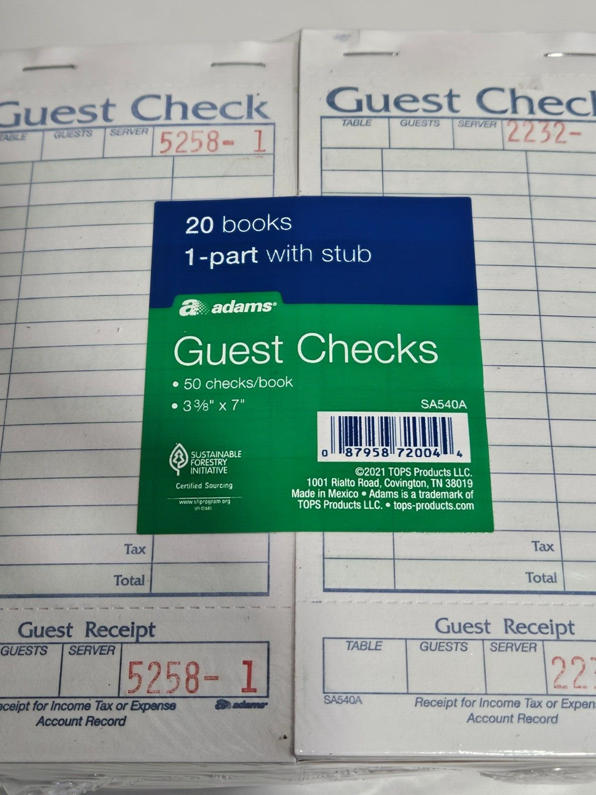 NEW 20 Books Adams 1 Part Guest Check with Stub 50 check per book SA540A Receipt