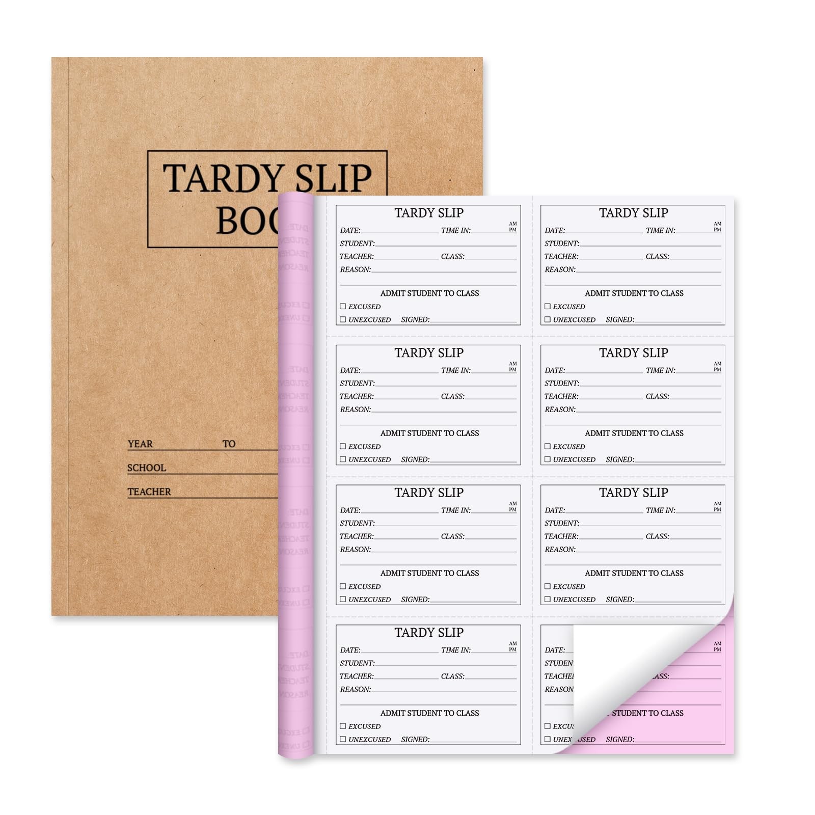 800 PCS 2 Part Carbonless Tardy Books Slip Passes School White Pink Perforated