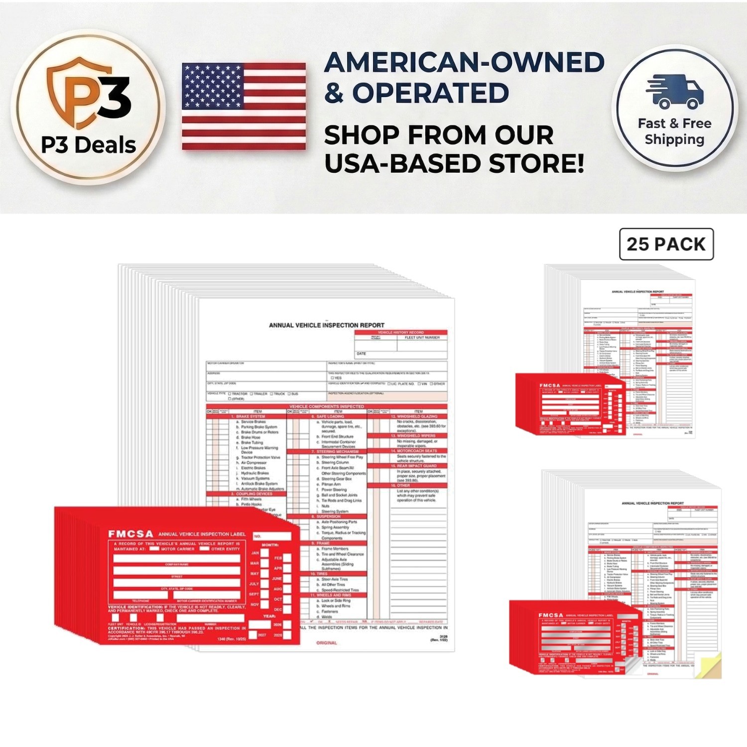 DOT Compliant 25-Pack Vehicle Inspection Forms & Red FMCSA Aluminum Stickers