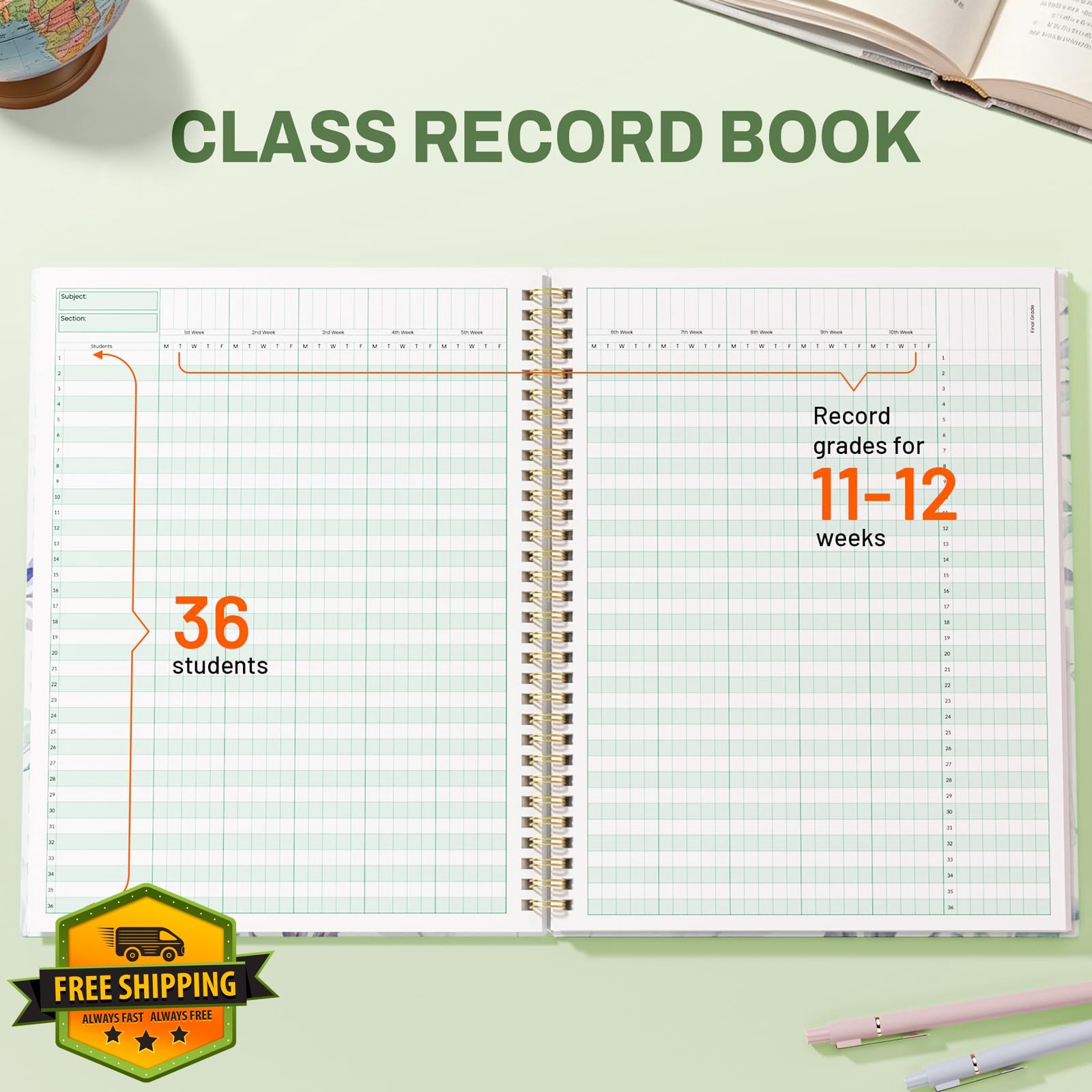 SUNEE Teacher Class Record Book for 11-12 weeks, 36 Names, 8.5×11 Inch, 104 P…