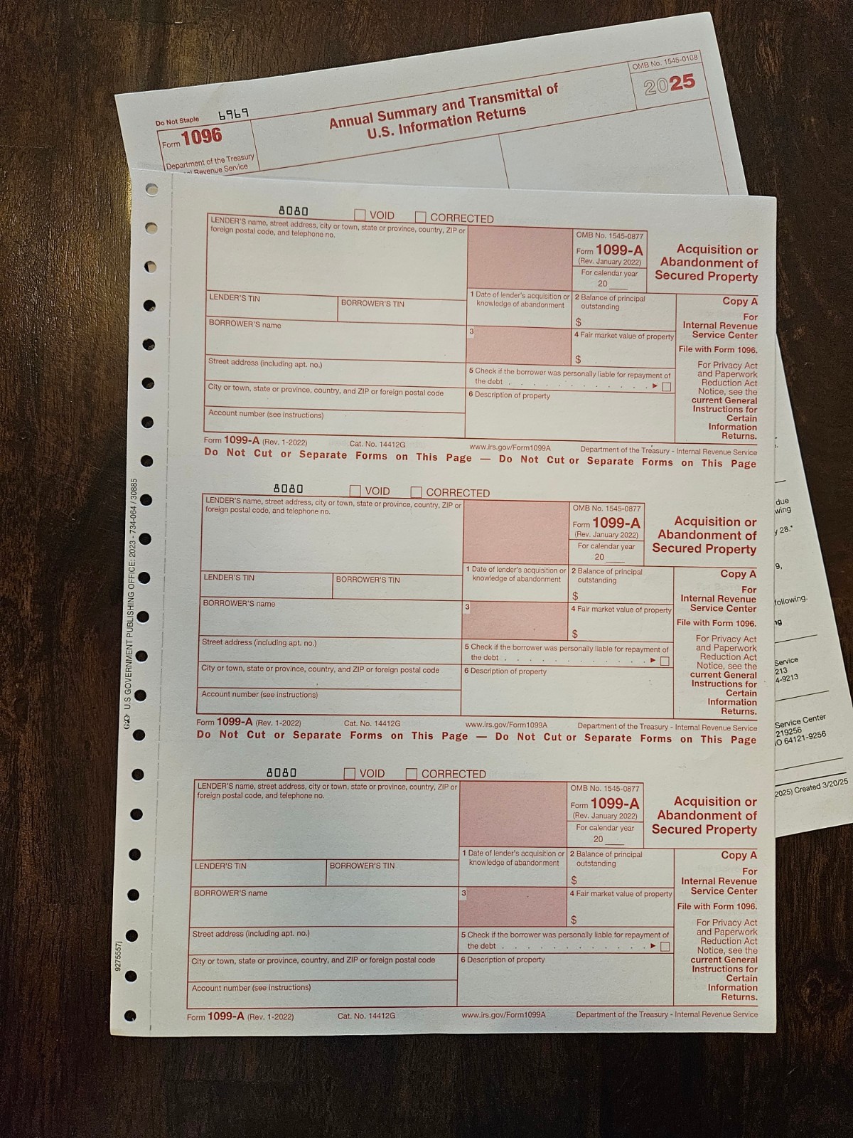 2025 IRS Tax Form Reporting Package- Nine -1099-A, 1 Form 1096 No envelopes