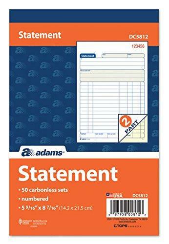 Adams Statement Book, 2-Part Carbonless, White/Canary, 5-9/16 x 8-7/16 Inches,