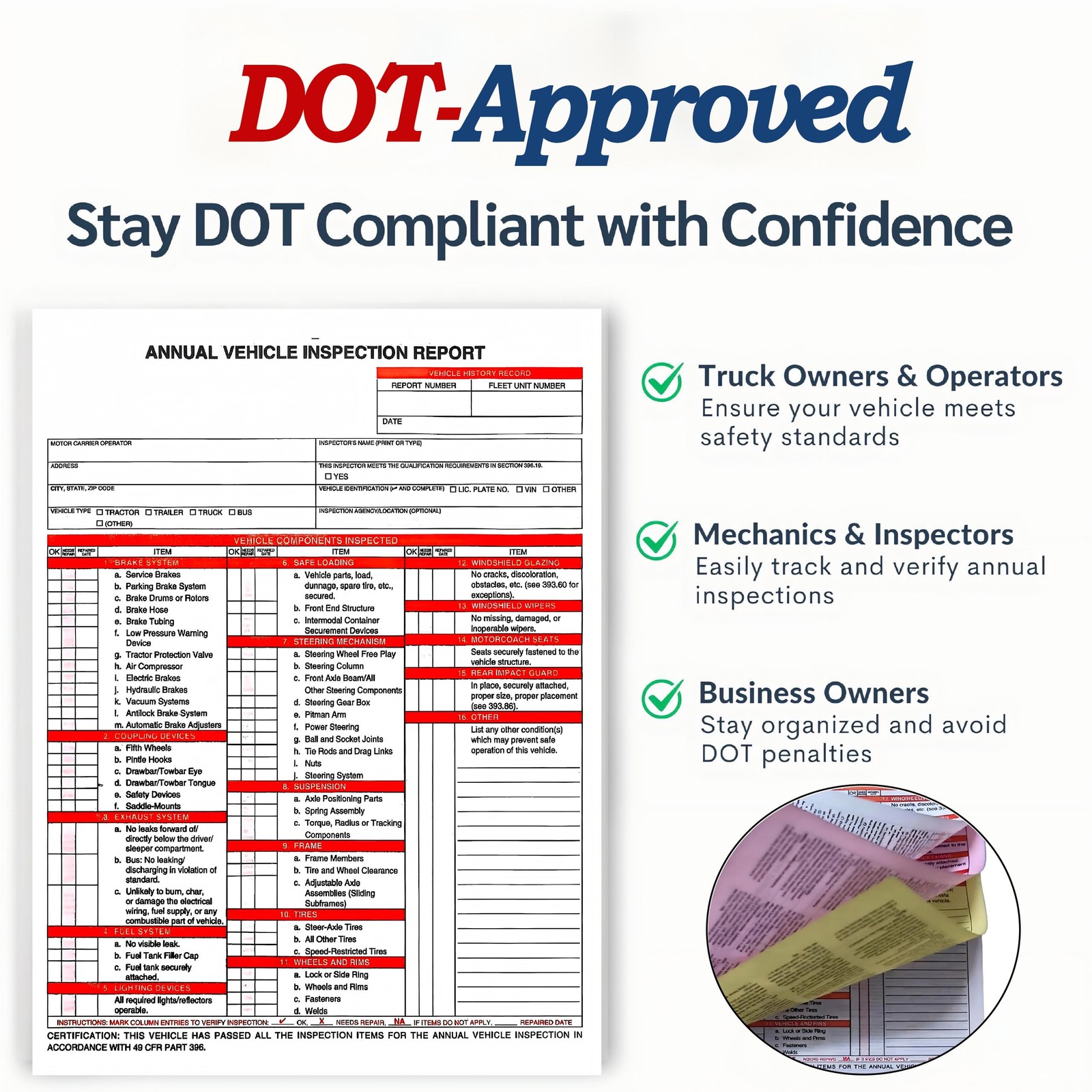 30-Pack Annual Vehicle Inspection Report Form Kit,3-Ply Carbonless Form