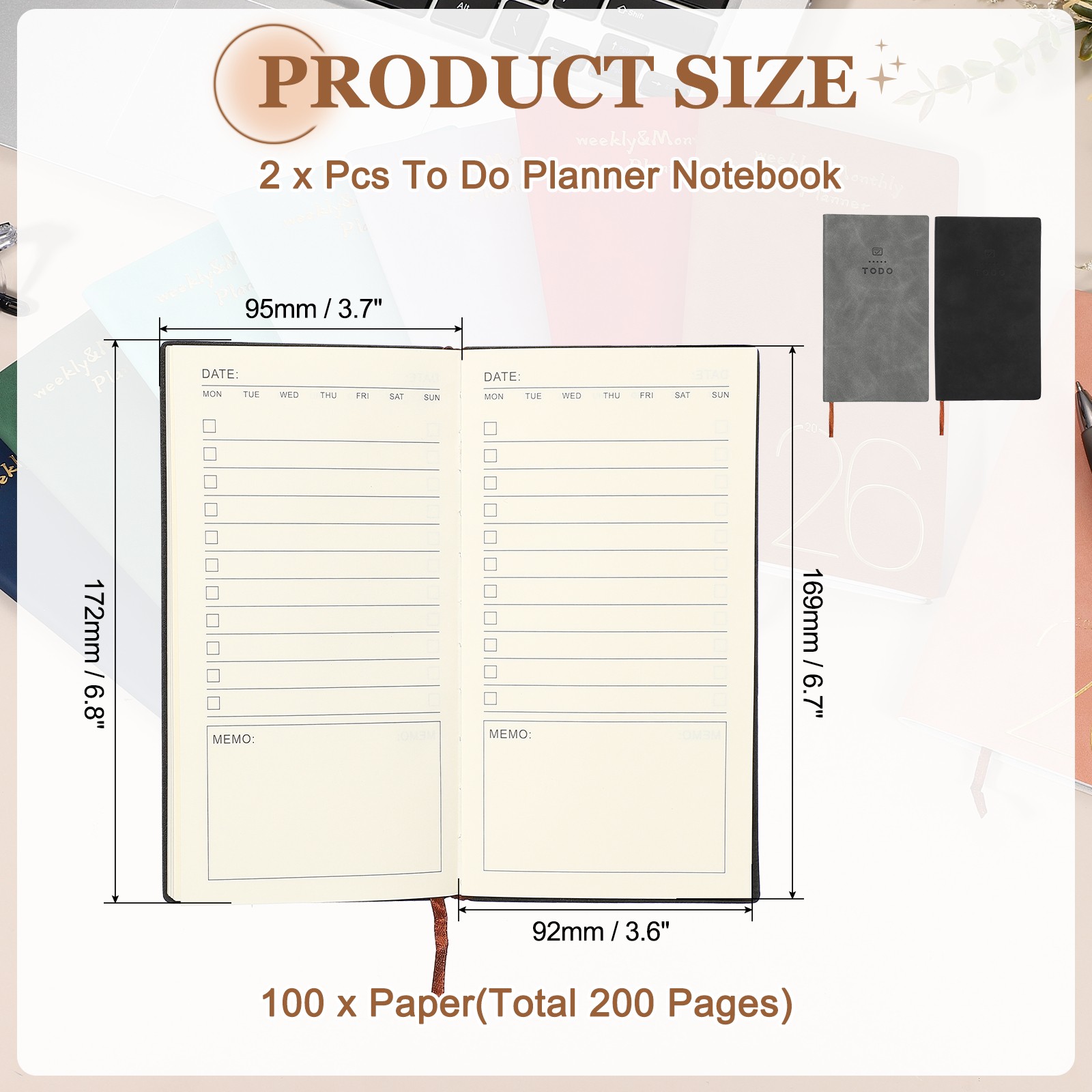 2Pcs to Do Notebook, A6 6.8 x 3.7″ Daily Planner Notebook, Black/Grey