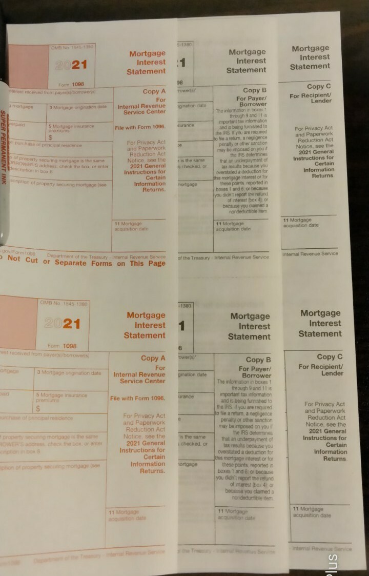 2021: 5 SHEETS 1098 IRS Mortgage Interest Statement & 3=1096 Transmittal Forms