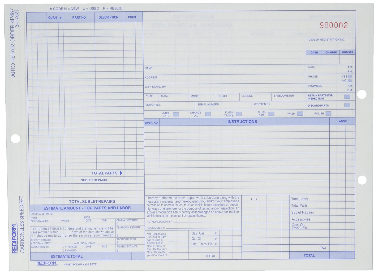 Rediform Auto Repair Polypack Carbonless Triplicate Forms 8.5 X 11.625 50