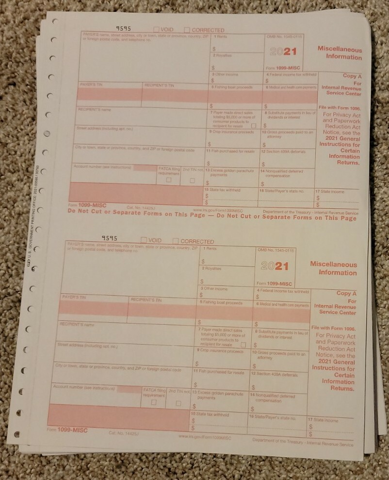 2021 IRS Tax Form 1099-MISC single sheet set LASER for 2 recipients 5pt