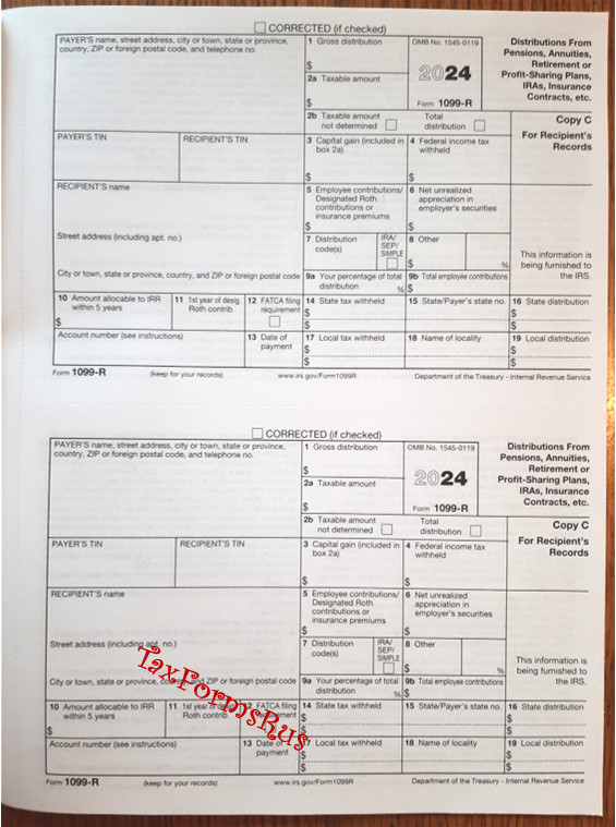 2024 IRS Tax Form 1099-R single sheet set for 2 recipients NONcarbonless 5pt 2up