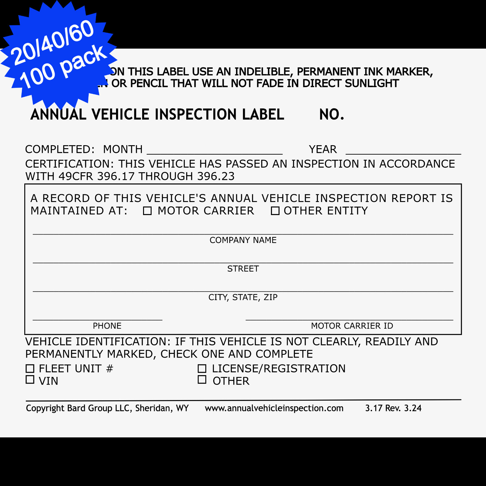 Annual Vehicle Inspection Label 2-Ply Laminated Sticker. 20, 40, 60 or 100 pack.